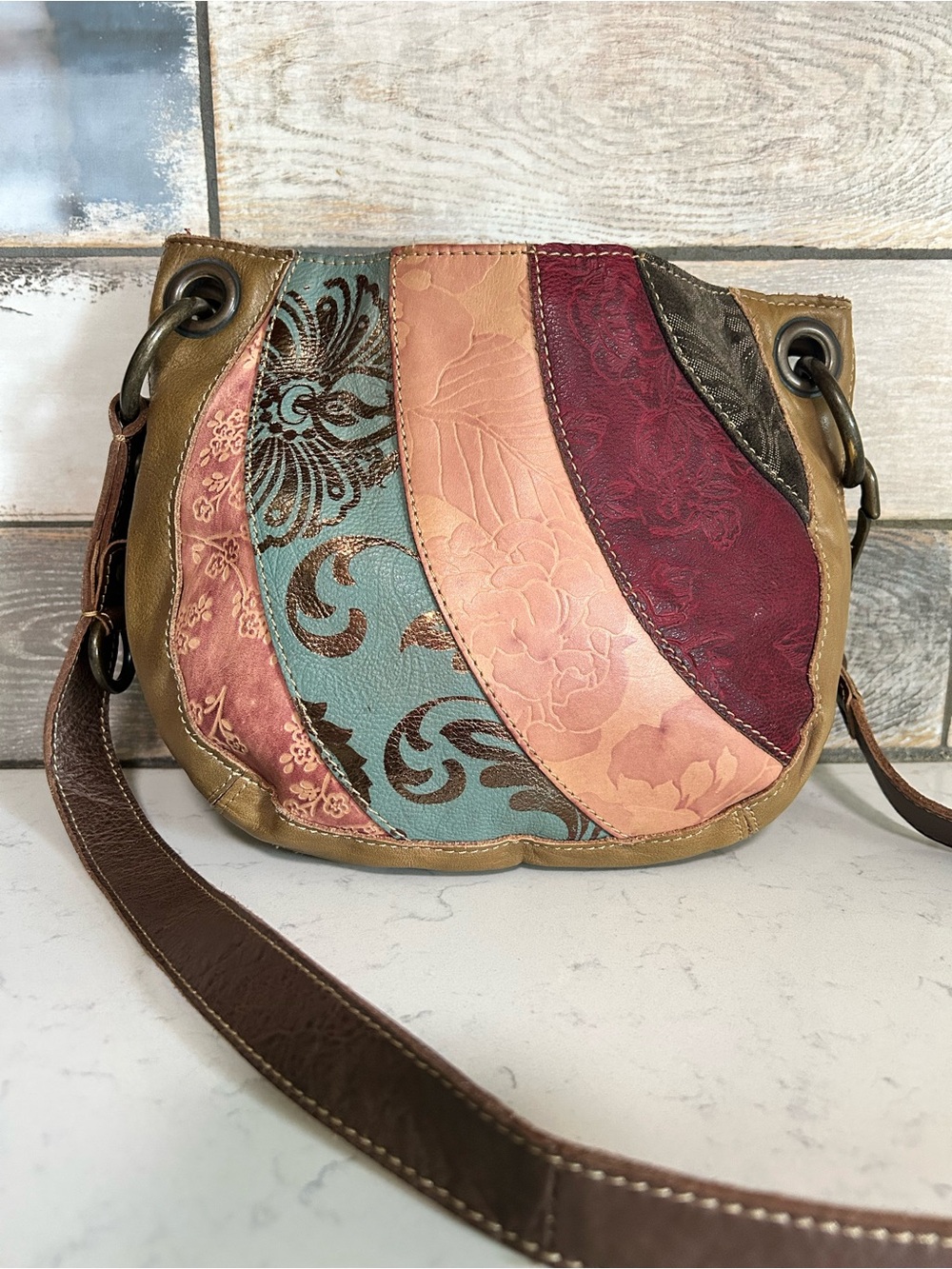 Vintage Fossil Patchwork Leather Crossbody Y2K Shoulder Bag